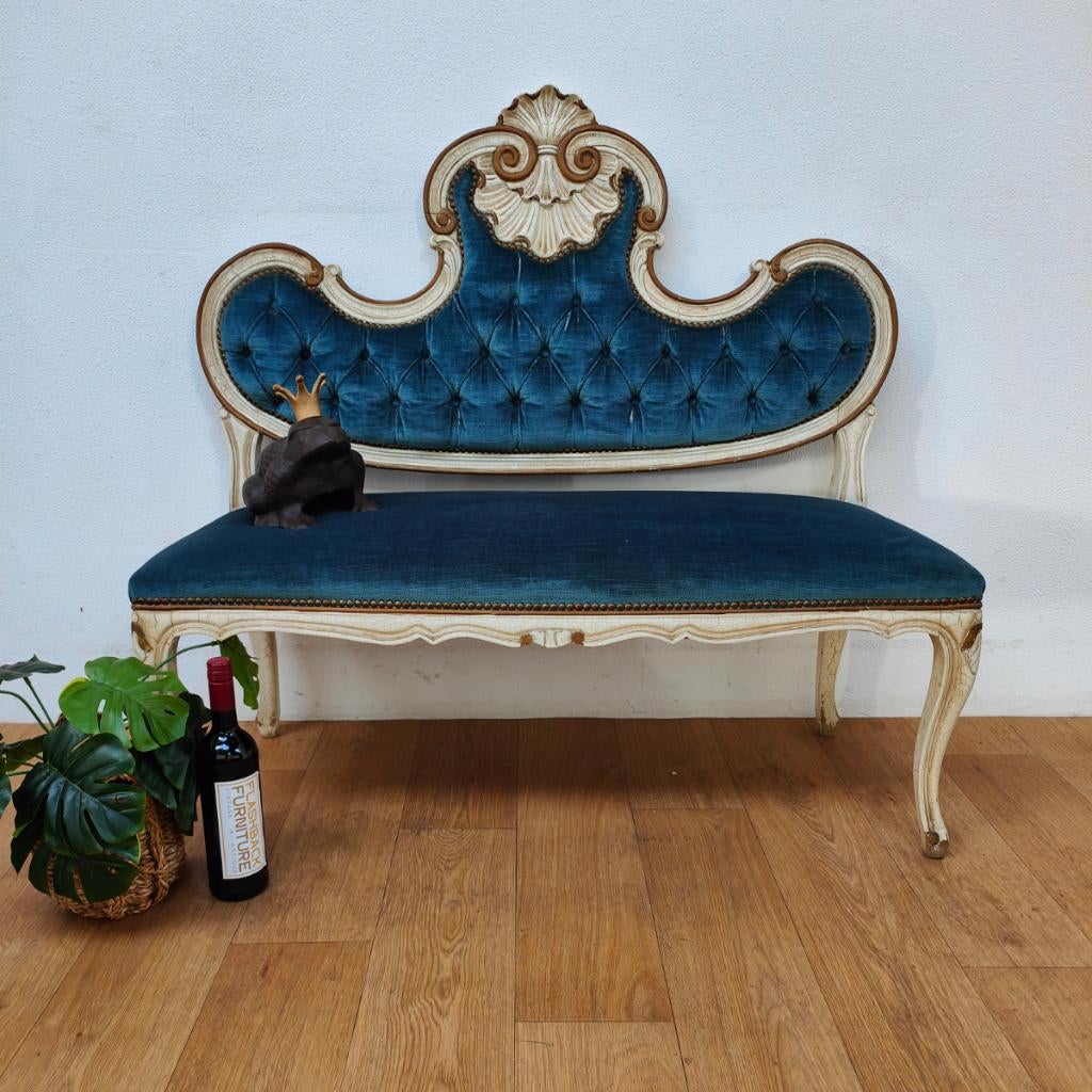 Vintage brocante rococo Queen Ann halbankje boudoir bankje, Antiek en Kunst, Antiek | Meubels | Stoelen en Banken, Ophalen of Verzenden