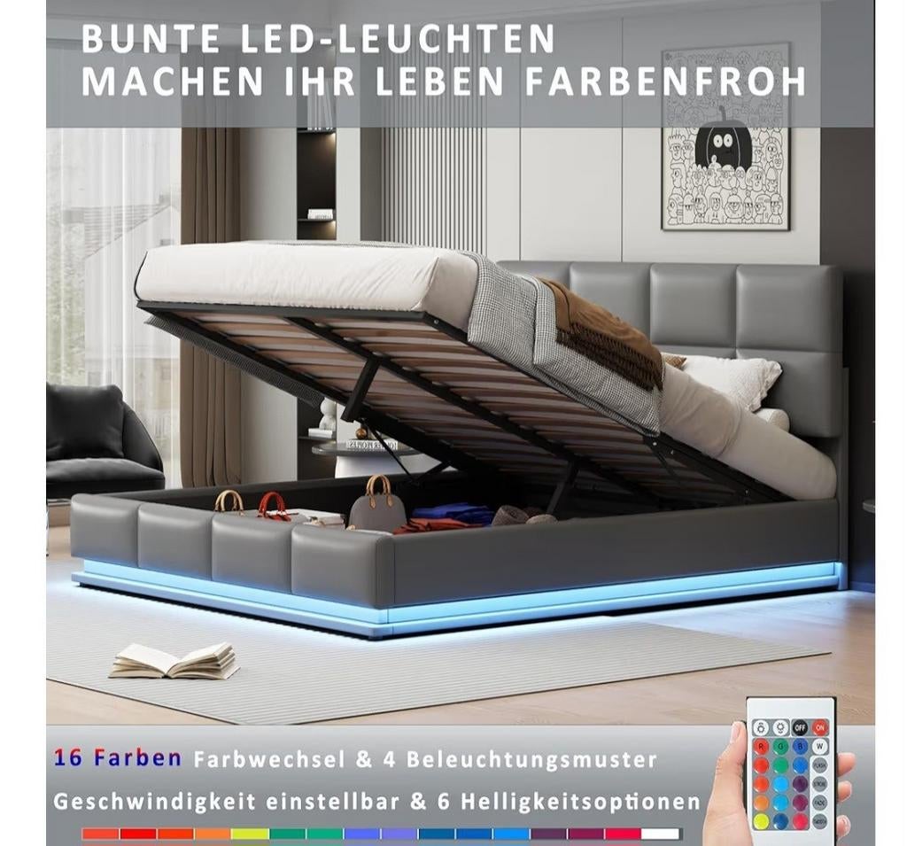 Groot bed 180x200 met opbergruimte, LED en matras, Ophalen, Overige materialen, Modern met opbergruimte en LED, Gebruikt