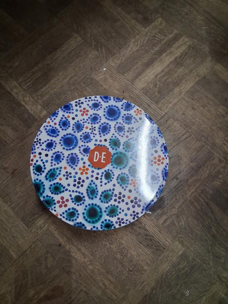 Douwe Egberts Koektrommel - Blauw met stippen, Verzamelen, Blikken, Ophalen of Verzenden, Gebruikt, Koek(jes), Douwe Egberts