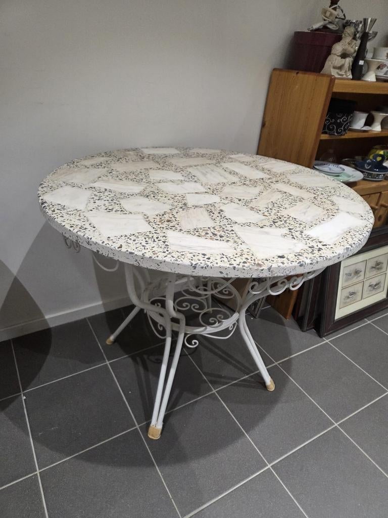Vintage tuintafel met natuurstenen in blad gegoten rond, Ophalen, Gebruikt, Onbekend, Onbekend