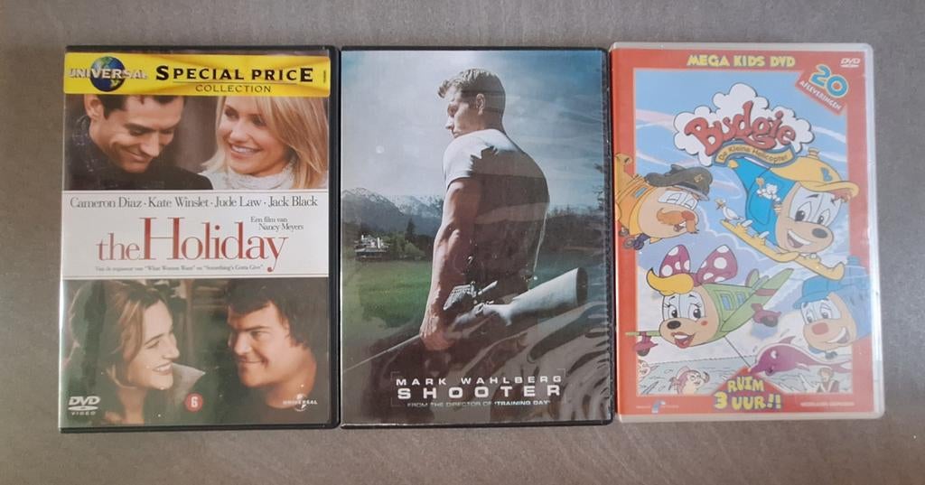 3 DVD's: The Holiday, Shooter en Budgie de Kleine Helikopter, Alle leeftijden, Ophalen of Verzenden, Gebruikt