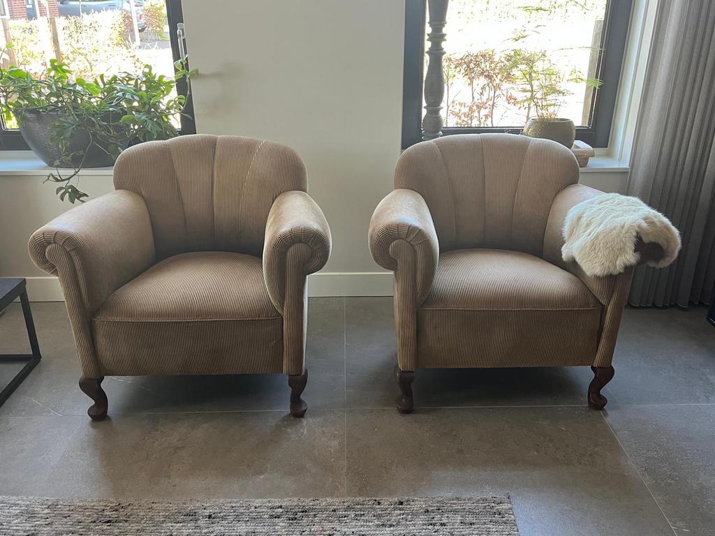 Set van 2 vintage fauteuils in ribstof, Huis en Inrichting, Fauteuils, Ophalen of Verzenden, Gebruikt, Stof, 75 tot 100 cm