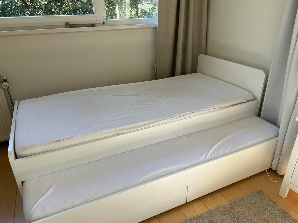 Bed frame w/under bed, storage and 2 mattresses 90x200, Ophalen, 90 cm, Eenpersoons, Wit