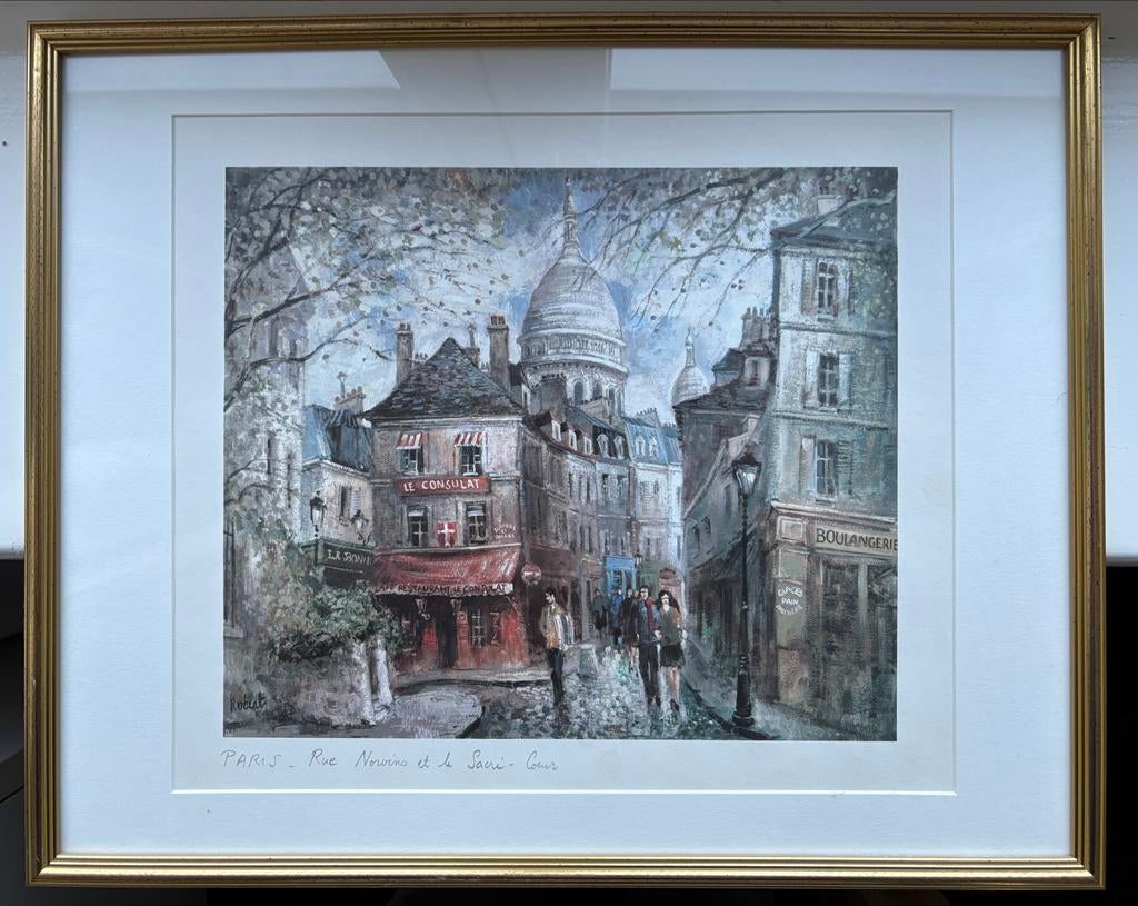 Gesigneerde zeefdruk aquarel: Parijs, Rue Norvins & Sacré-Cœ, Antiek en Kunst, Ophalen