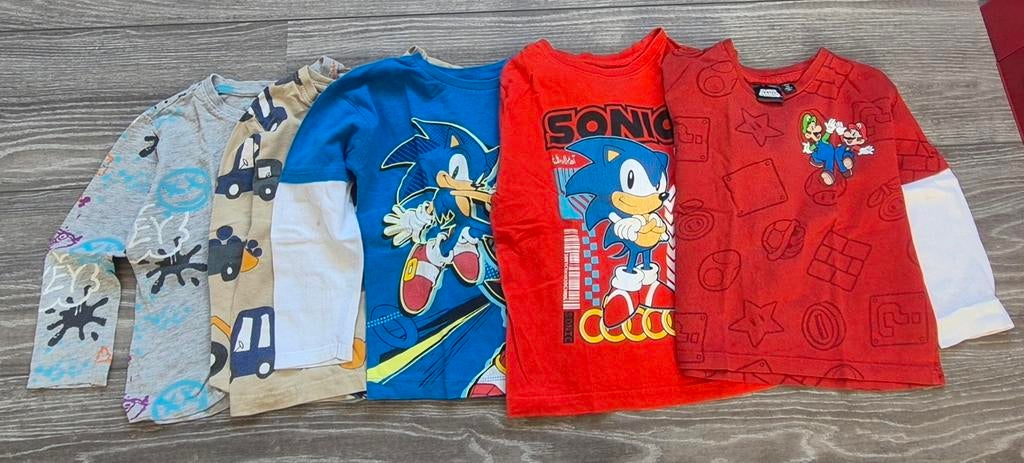 5x Jongens Longsleeves: Sonic, Mario & Voertuigen, Gebruikt, Ophalen of Verzenden, Shirt of Longsleeve, Jongen