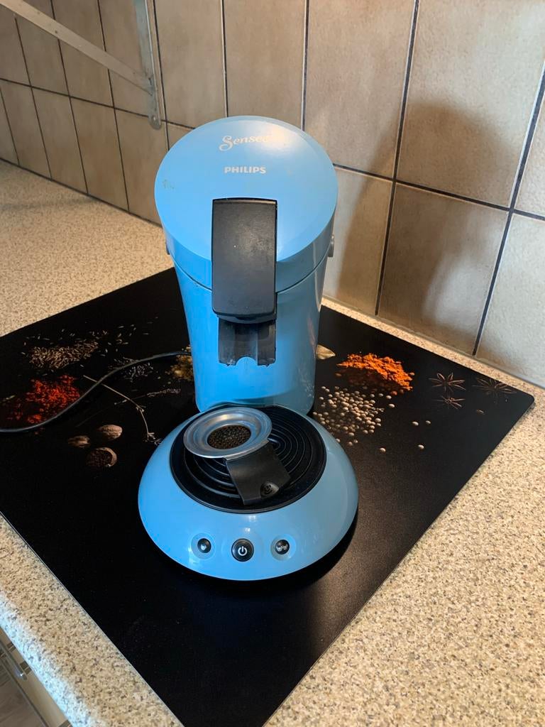 Senseo koffiezetapparaat in mooie blauwe kleur, Ophalen, Gebruikt, Koffiemachine, Koffiepads en cups