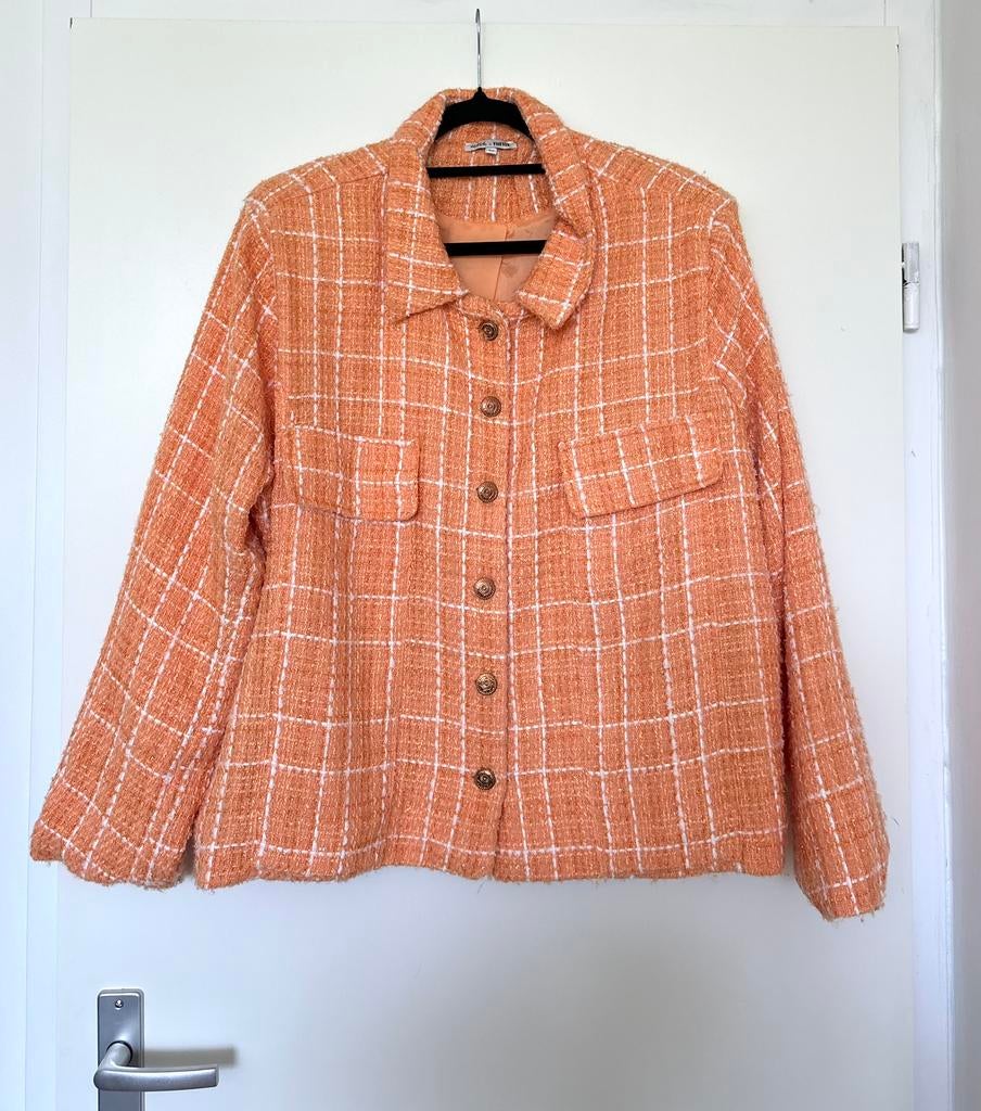 Eviva x Nina bouclé  • oranje jas • wit glitter maat 52 XXL, Ophalen of Verzenden, Zo goed als nieuw, Maat 46/48 (XL) of groter