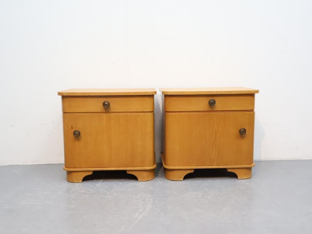 Set vintage nachtkastjes jaren '60 eiken met lade en deur, Ophalen, Gebruikt, Minder dan 45 cm, Onbekend