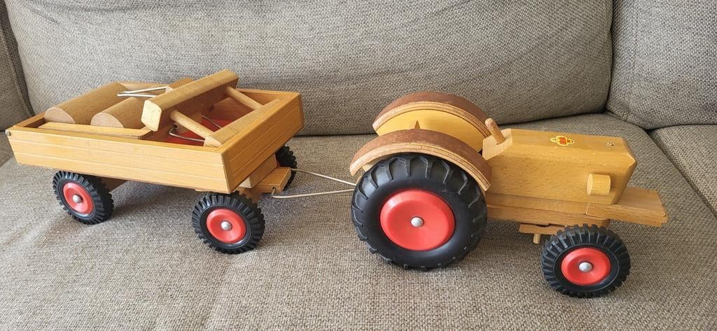 Houten speelgoed trekker met kiepkar, wals en sleep, Ophalen, Gebruikt, Tractor of Landbouw, Overige merken