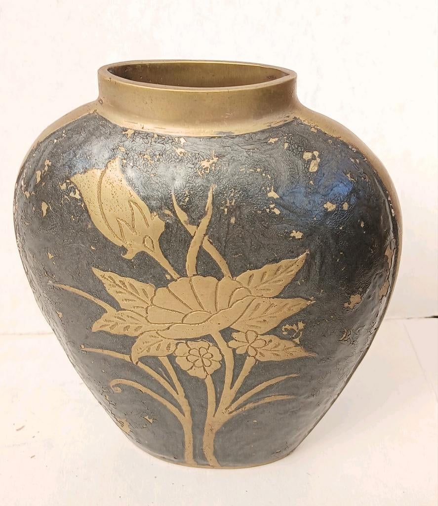 Oude Vintage Vaas Cloisonne Massief Messing Bloem Floraal, Ophalen of Verzenden