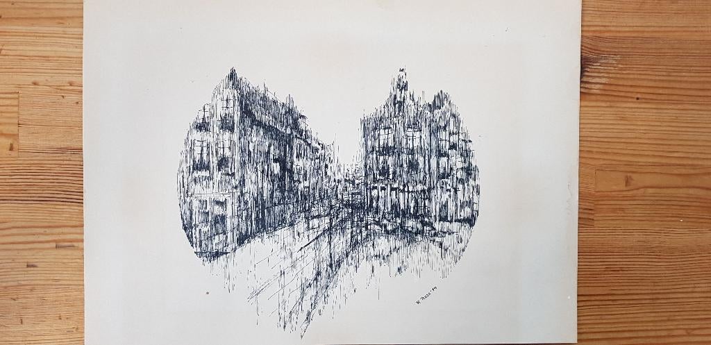 Originele pentekening grachtenpanden, 1974, door R. Ross, Ophalen of Verzenden