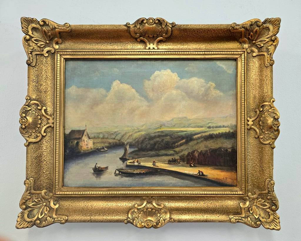 FRANS OLIEVERFSCHILDERIJ gesigneerd E.B. 19de eeuw landschap, Ophalen of Verzenden