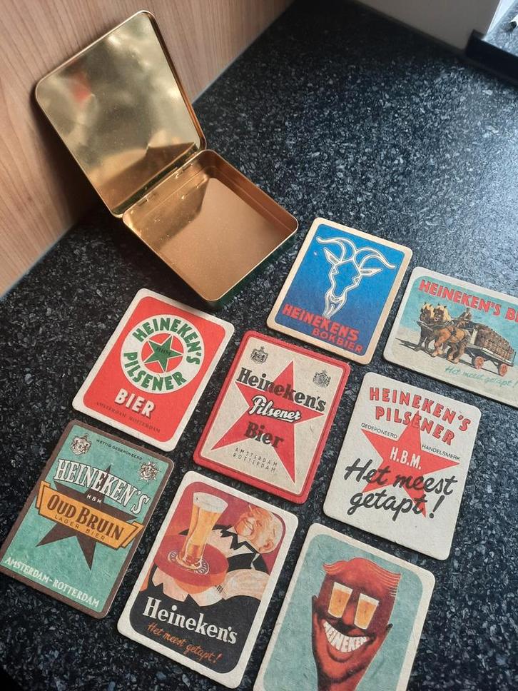 Vintage Heineken bierviltjes in blikken doosje - Nieuw!, Verzamelen, Biermerken, Nieuw, Viltje(s), Heineken, Ophalen of Verzenden