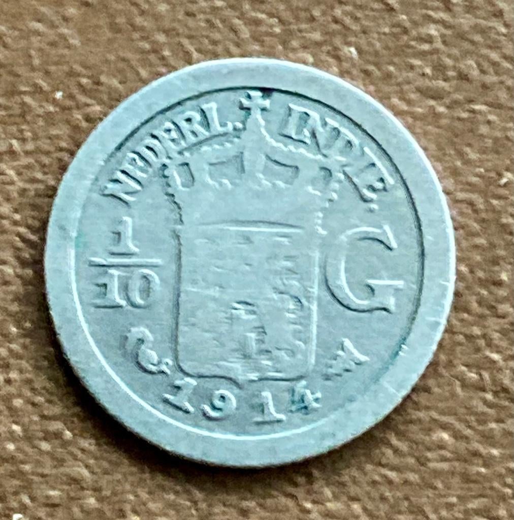 Zilveren 1/10 Gulden / dubbeltje Nederlands Indië 1914, Postzegels en Munten, Munten | Nederland, Verzenden, Zilver, 10 cent, Koningin Wilhelmina