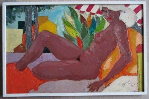 liggend naakt ==Hinrich Grauenhorst 1919-1998==met boek==, Antiek en Kunst, Kunst | Schilderijen | Klassiek, Ophalen of Verzenden