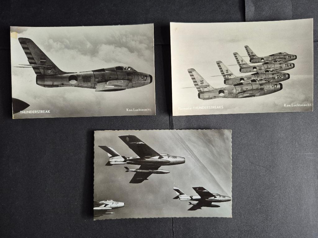 3 ansichtkaarten van Kon. Luchtmacht Thunderstreak (A248), Verzamelen, Luchtvaart en Vliegtuigspotten, Gebruikt, Kaart, Foto of Prent
