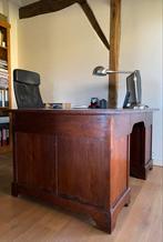 Vintage houten bureau met ingelegd blauw leren blad, Huis en Inrichting, Bureaus, Ophalen, Gebruikt