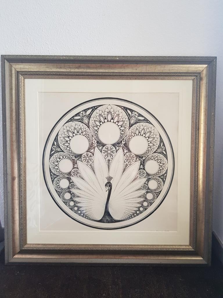 Een prachtige pen tekening van een pauw. Gemaakt door Sylvia, Antiek en Kunst, Ophalen of Verzenden