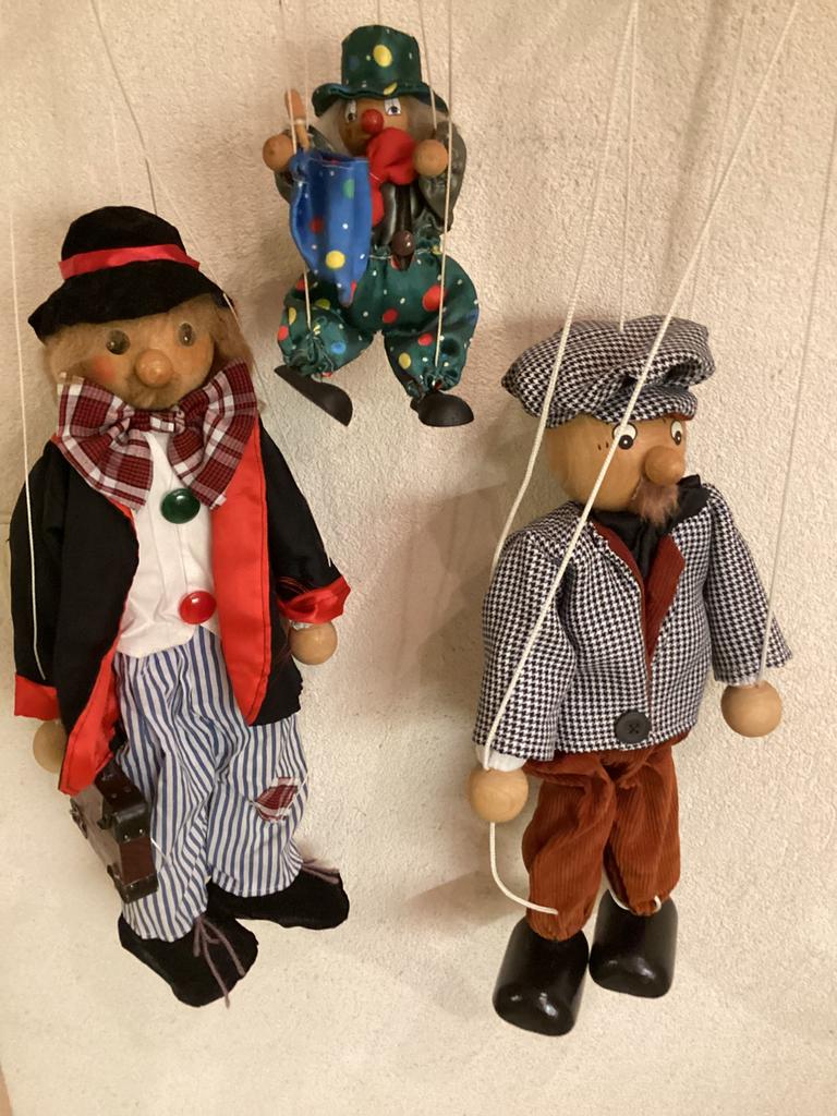 3 Oude Marionetten Poppen.1960.Goochelaar, Bakker, Clowntje., Ophalen of Verzenden, Zo goed als nieuw