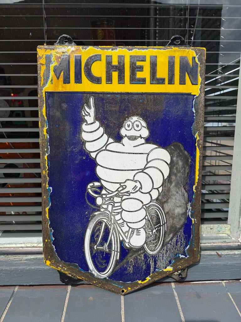 Vintage Michelin Emaille Bord - Bibendum op Fiets, Ophalen of Verzenden