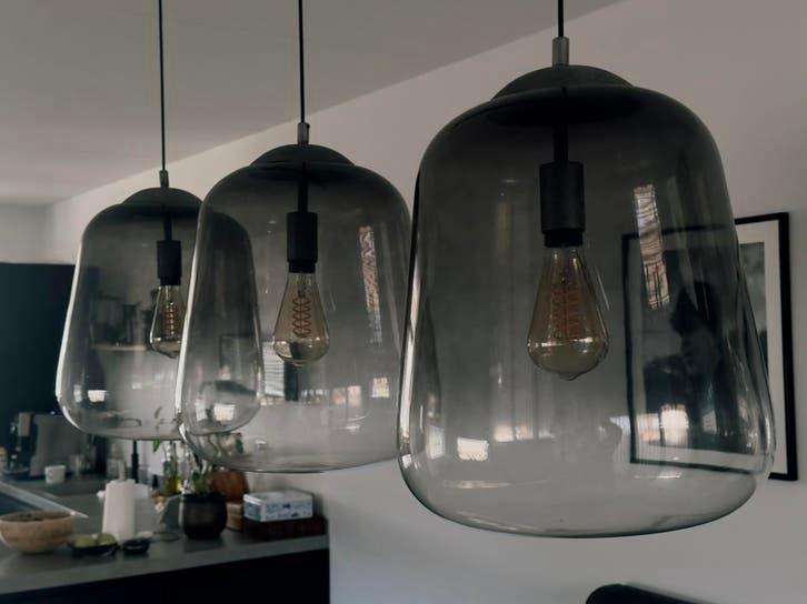 Hanglamp met 3 grote glazen kelken, Ophalen, Zo goed als nieuw, Glas, 75 cm of meer