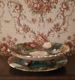 Oude Franse gebloemde barbotine fruittest met onderbord, Ophalen of Verzenden