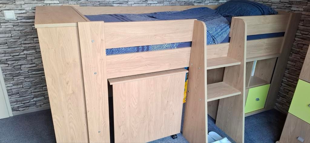 Halfhoogslaper bed met bureau, ladekast en boekenkast, Ophalen, Gebruikt, 90 cm, Eenpersoons