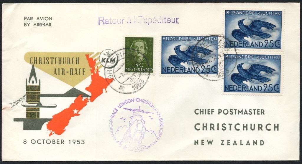 KLM deelname Christchurch Air-Race 1953, Postzegels en Munten, Verzenden, Envelop