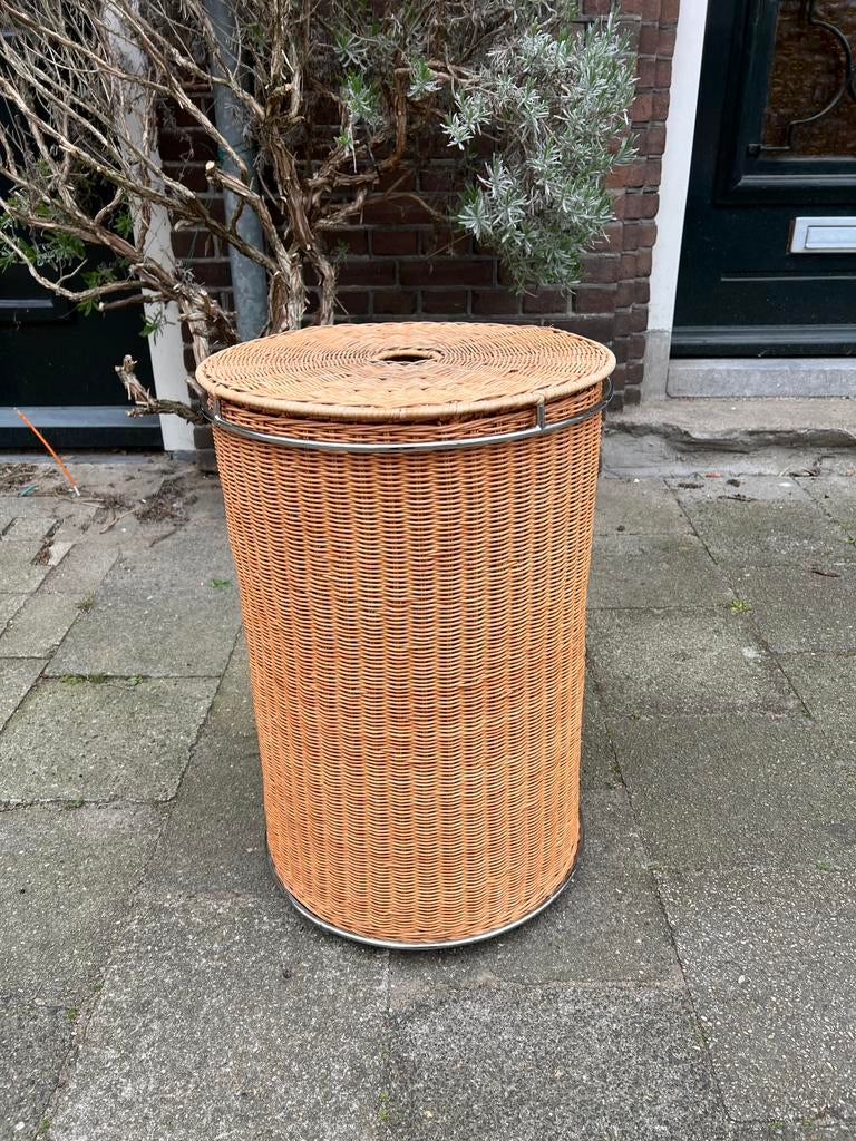 Vintage rotan wasmand chroom frame 1990, Gebruikt, Mand, Rond, Ophalen of Verzenden