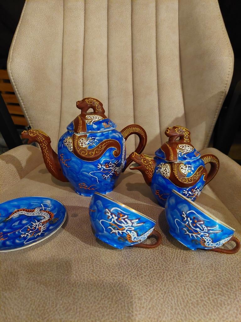 Antiek Satsuma Blue Dragon Theeset, Antiek en Kunst, Ophalen of Verzenden