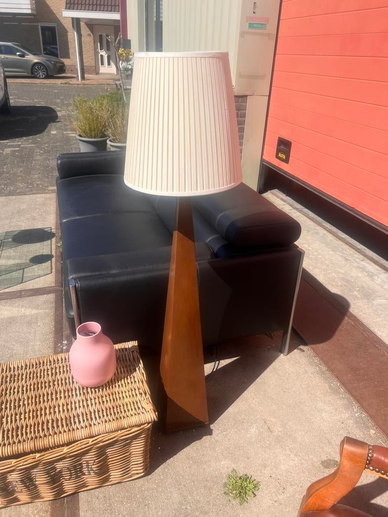 Vintage design vloerlamp hout & plissé kap, Huis en Inrichting, Lampen | Lampenkappen, C, C, Ophalen of Verzenden, Zo goed als nieuw