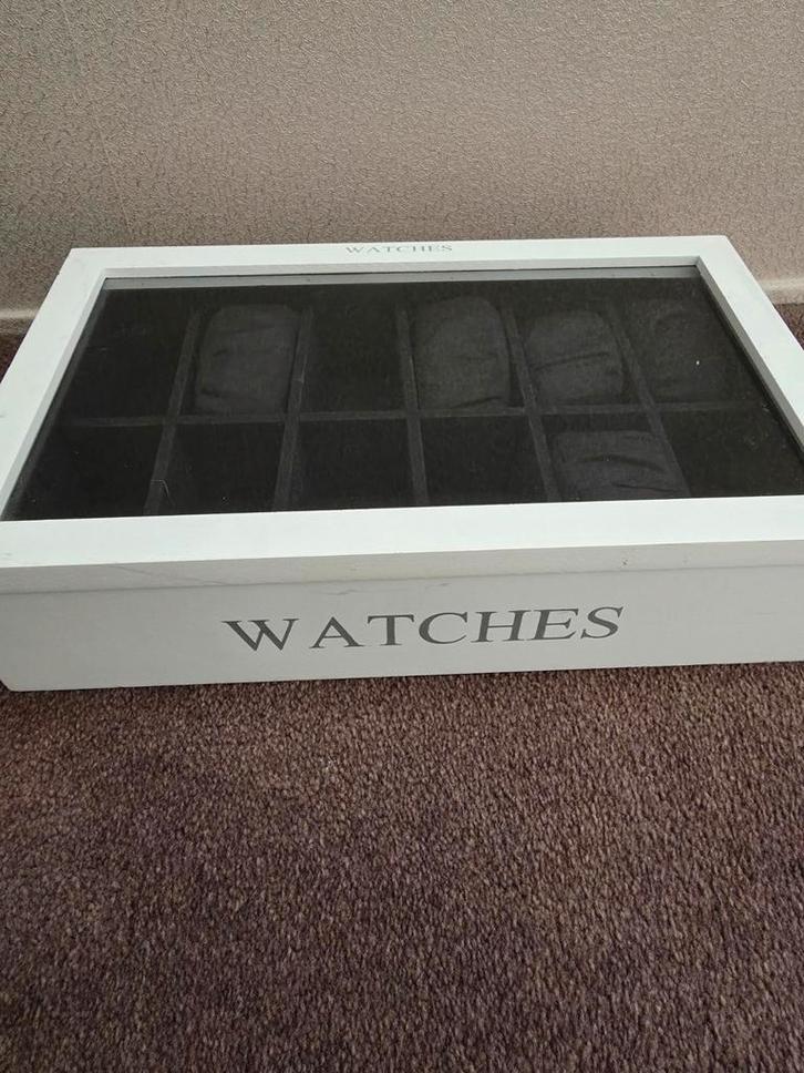 Witte horlogebox met 10 vakken, Sieraden, Tassen en Uiterlijk, Overige Accessoires, Gebruikt, Ophalen of Verzenden