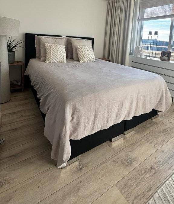 Boxspring zwart stof 160/200 compleet, Ophalen, Gebruikt, Zwart, Tweepersoons