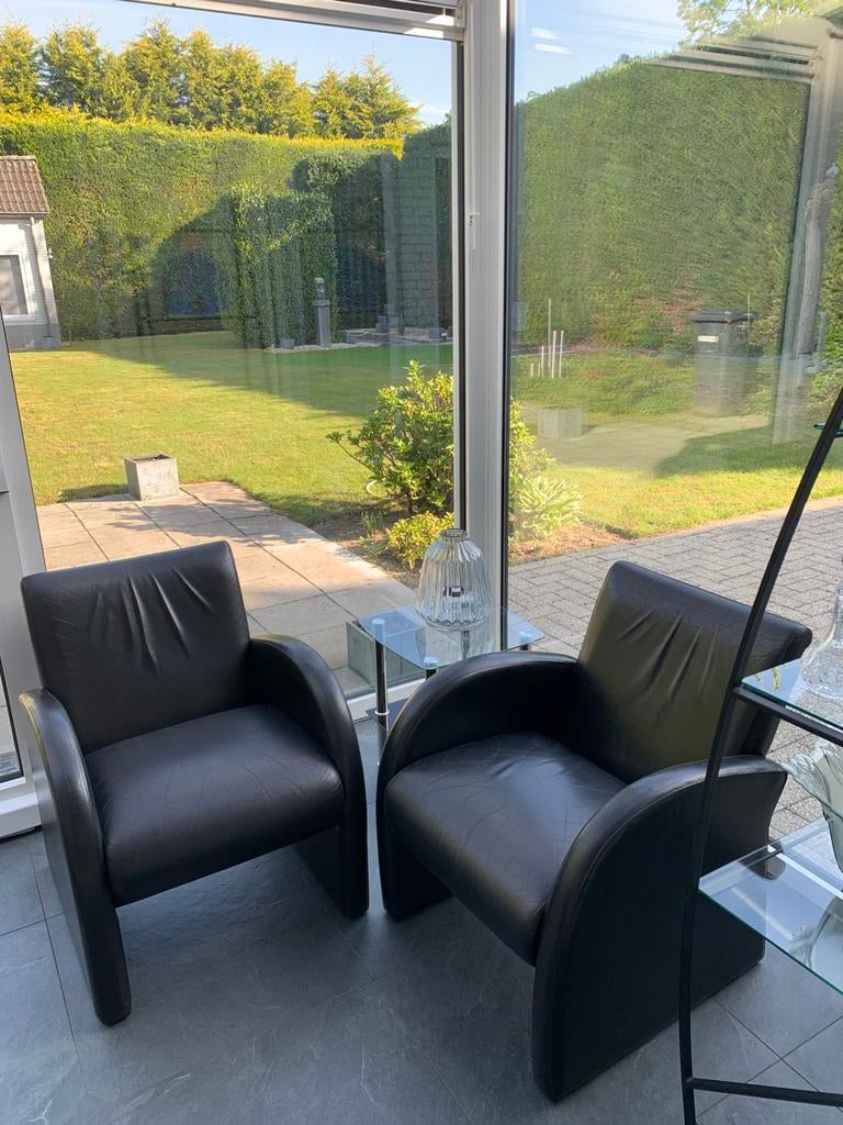 2 Zwarte leren Ikea fauteuils, Ophalen, Gebruikt, Modern, 50 tot 75 cm