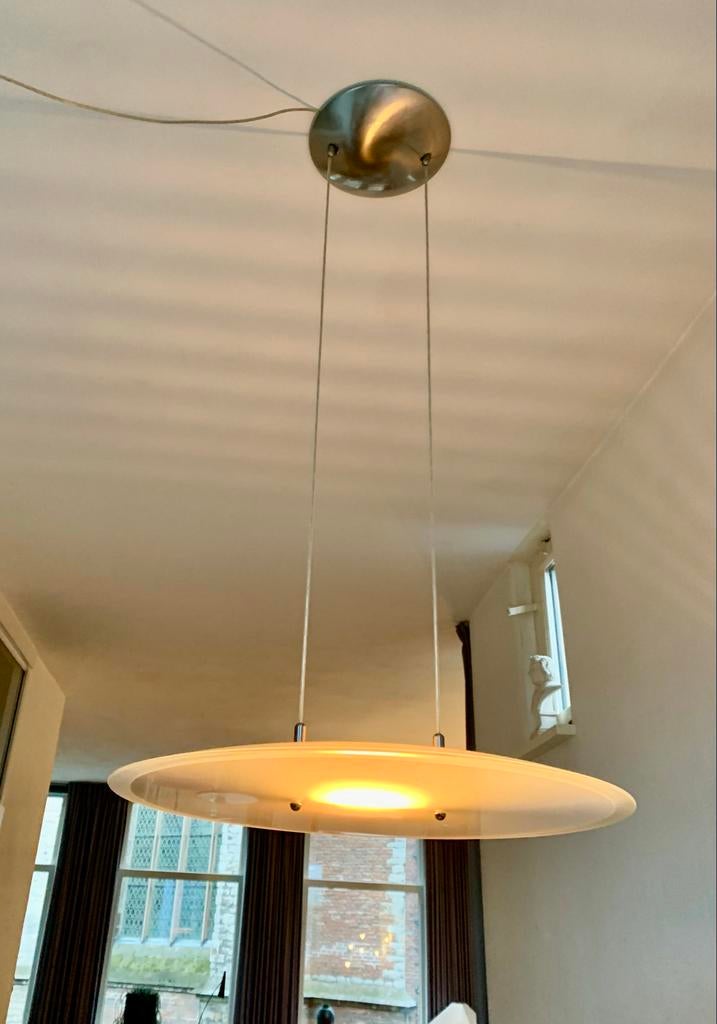 Studio Italia Rondo design hanglamp - nikkel, melkglas, Ophalen, Zo goed als nieuw, Glas, Minder dan 50 cm