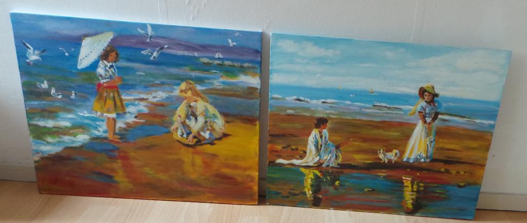 Wanddecoratie: schilderij: nostalgisch zomer strand zee kind, Ophalen, Schilderij, Textiel, Zo goed als nieuw