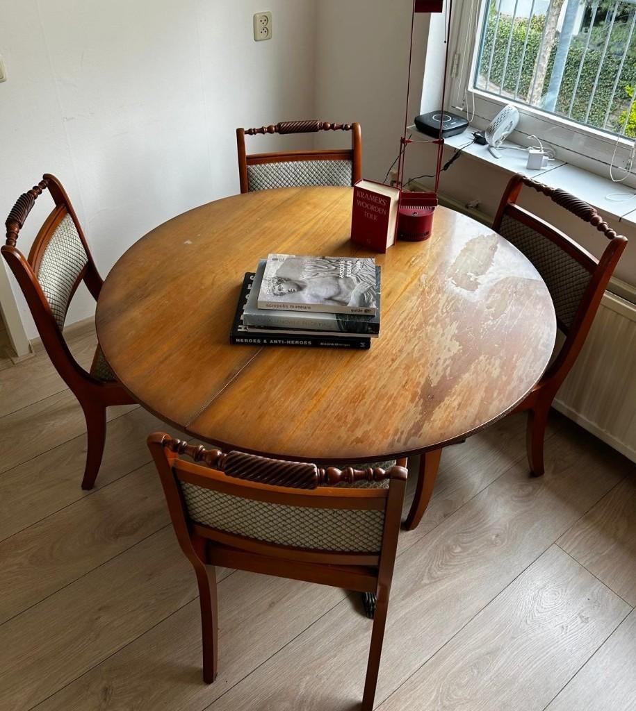 Oude Engelse eettafel met stoelen, Huis en Inrichting, Tafels | Eettafels, Ophalen, Gebruikt, Rond, Engelse stijl