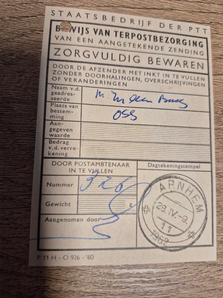 PTT Bewijs van Terpostbezorging Aangetekende Zending 1962, Ophalen of Verzenden, 1960 tot 1980, Gelopen, België en Luxemburg