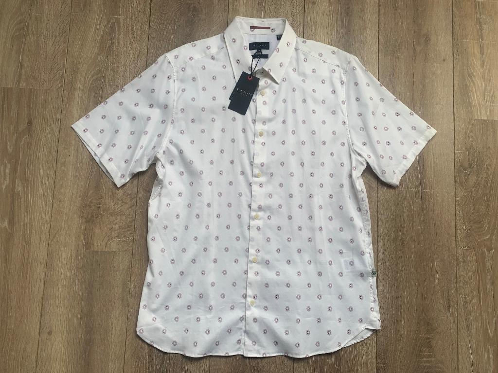 Ted Baker Overhemd KM motief slim fit Wit Lila 5/XL=43/44, Ted Baker, Verzenden, Wit, Nieuw