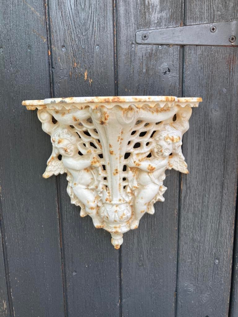 Brocante vintage gietijzeren engelen console (model 2), Tuin en Terras, Tuinwanddecoratie, Ophalen of Verzenden, Gebruikt