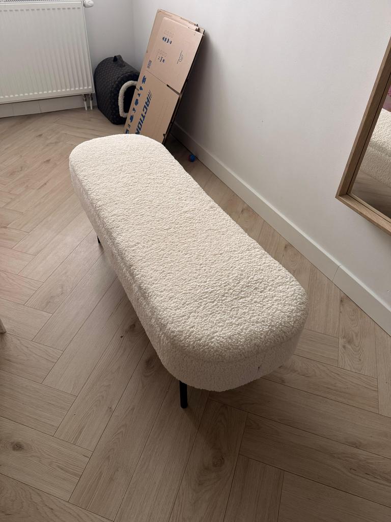 Bouclé bankje beige 120 cm – halbank / eetkamerbank, Beige, Tweepersoons, Zo goed als nieuw, 140 cm