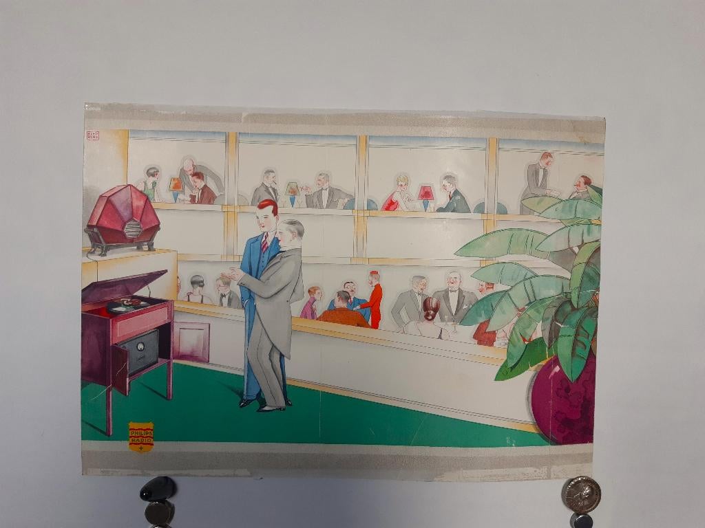 Origineel reclamekarton Bielkine Philips Radio, Gebruikt, Verzenden, Rechthoekig Liggend, A1 t/m A3