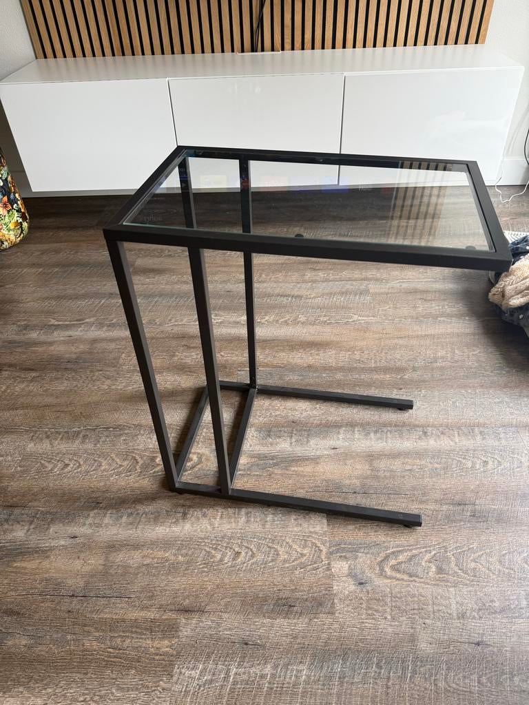 Bijzettafel met glazen blad, Minder dan 55 cm, Gebruikt, Metaal of Aluminium, Vierkant