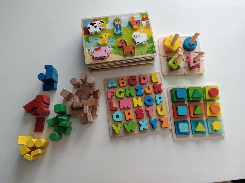 Houten puzzels en blokken. Hape, Djeco, Haba, etc.., Ophalen of Verzenden, Gebruikt, Overige typen