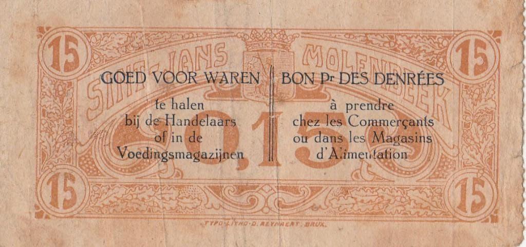 OORLOG BON 15 CENTS SINT JANS MOLENBEEK 31-01-1919, Ophalen of Verzenden, Los biljet