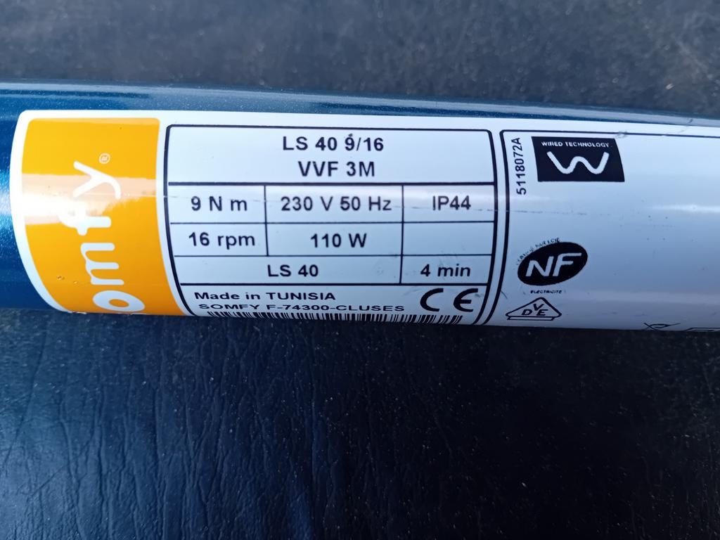 Somfy LS 40 9/16 screen motor - 9 Nm, 110W, Gebruikt, Overige kleuren, Minder dan 100 cm, Ophalen of Verzenden