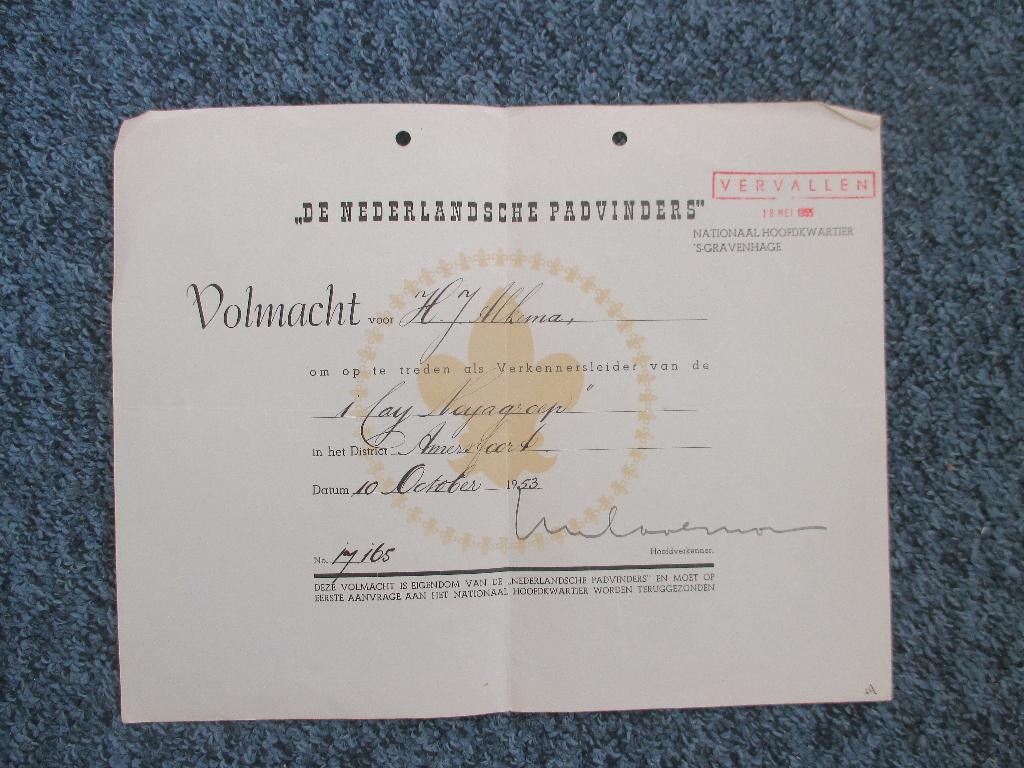 Padvinders Volmacht als verkennersleider 1950s., Verzamelen, Scouting, Ophalen of Verzenden, Zo goed als nieuw, Overige typen