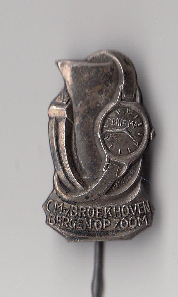 Bergen op Zoom Horloge speldje Prisma Broekhoven, Verzamelen, Speldjes, Pins en Buttons, Gebruikt, Speldje of Pin, Overige onderwerpen