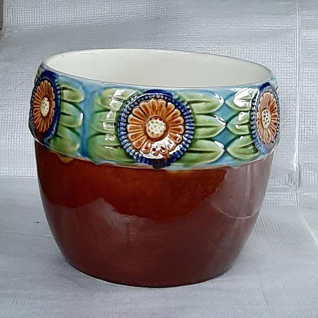 Antieke bloempot /cache pot majolica floraal decor ca. 1915, Antiek en Kunst, Ophalen
