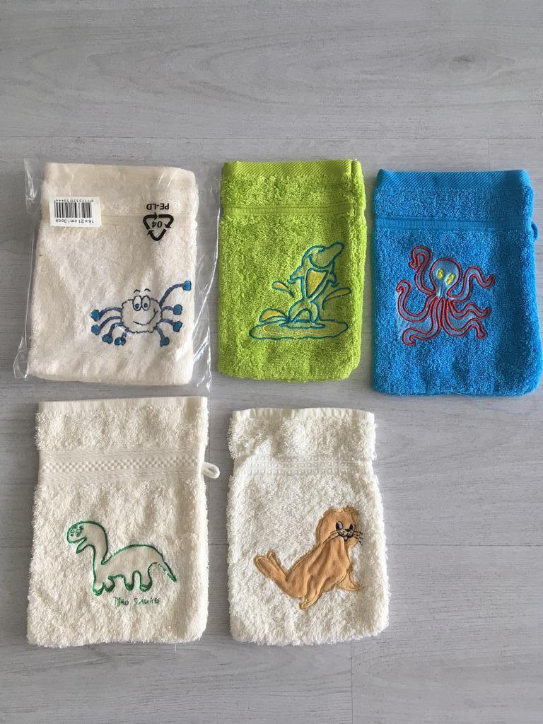 5 washandjes met leuke applicatie, Huis en Inrichting, Badkamer | Badtextiel en Accessoires, Ophalen of Verzenden, Nieuw, Overige typen